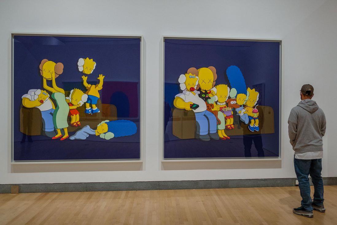Two Simpsons inspired pieces. Inside the KAWS exhibit at Brooklyn Museum